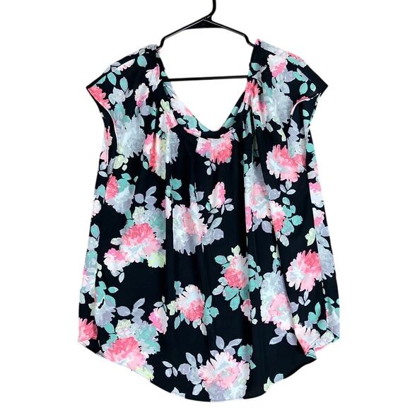 Lauren Conrad Womens Blouse Black Multi Floral Short Sleeve Pleated Flowy XL - Picture 1 of 10